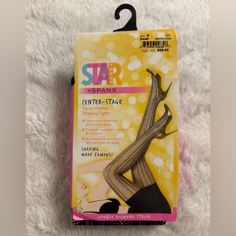 Star Power by SPANX Open Weave Double Diamond Stripe Shaping Tights Black Size C